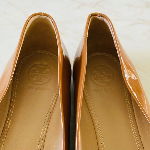 TORY BURCH Brown Patent Leather Ballerina Flats Gold Logo - US 7.5 - Picture 5 of 9